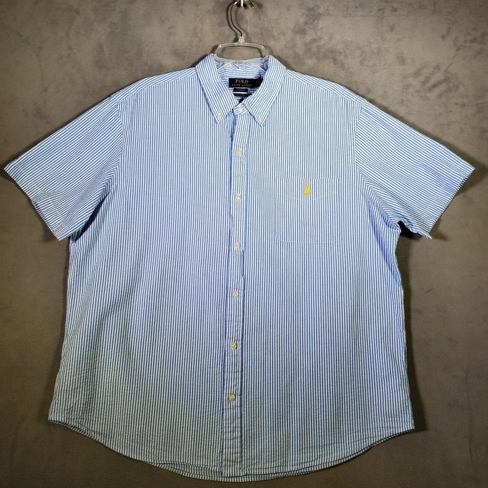 Polo Ralph Lauren Shirt Mens XL Blue White Pinstripe Short Sleeve Preppy Classic